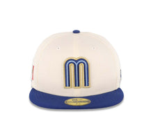 Load image into Gallery viewer, Mexico New Era WBC World Baseball Classic 59FIFTY 5950 Fitted Cap Hat Cream Crown Royal Blue Visor Metallic Gold Logo Mexico Flag Side Patch
