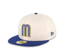 Load image into Gallery viewer, Mexico New Era WBC World Baseball Classic 59FIFTY 5950 Fitted Cap Hat Cream Crown Royal Blue Visor Metallic Gold Logo Mexico Flag Side Patch
