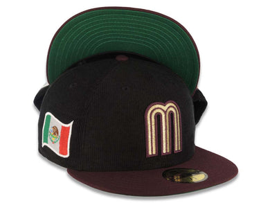 (Corduroy Crown) Mexico New Era WBC World Baseball Classic 59FIFTY 5950 Fitted Hat Black Crown Maroon Visor Metallic Gold Logo Mexico Flag Side Patch