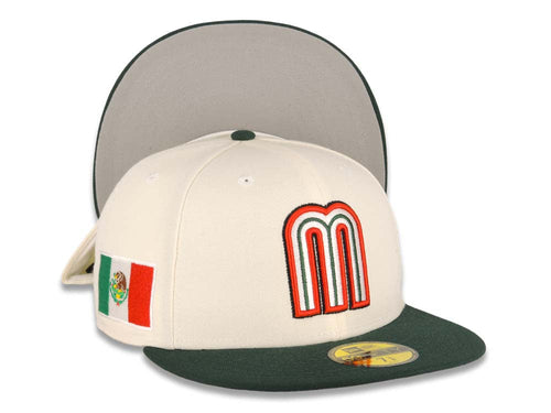 Mexico New Era WBC World Baseball Classic 59FIFTY 5950 Fitted Cap Hat Cream Crown Dark Green Visor Team Color Logo Mexico Flag Side Patch Gray UV