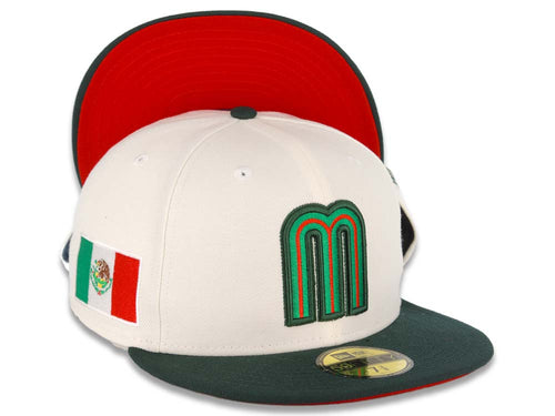 Mexico New Era WBC World Baseball Classic 59FIFTY 5950 Fitted Cap Hat Cream Crown Dark Green Visor Green/Red Logo Mexico Flag Side Patch Red UV