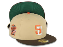 Load image into Gallery viewer, San Diego Padres New Era MLB 59FIFTY 5950 Fitted Cap Hat Vegas Gold Crown Brown Visor Orange/White Logo 25th Anniversary Side Patch Green UV
