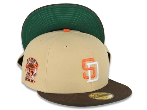 San Diego Padres New Era MLB 59FIFTY 5950 Fitted Cap Hat Vegas Gold Crown Brown Visor Orange/White Logo 25th Anniversary Side Patch Green UV