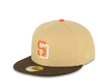 Load image into Gallery viewer, San Diego Padres New Era MLB 59FIFTY 5950 Fitted Cap Hat Vegas Gold Crown Brown Visor Orange/White Logo 25th Anniversary Side Patch Green UV
