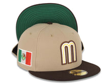 Load image into Gallery viewer, Mexico New Era WBC World Baseball Classic 59FIFTY 5950 Fitted Cap Hat Khaki Crown Dark Brown Visor White/Brown/Yellow Logo Mexico Flag Side Patch
