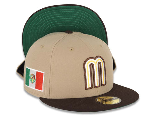 Mexico New Era WBC World Baseball Classic 59FIFTY 5950 Fitted Cap Hat Khaki Crown Dark Brown Visor White/Brown/Yellow Logo Mexico Flag Side Patch