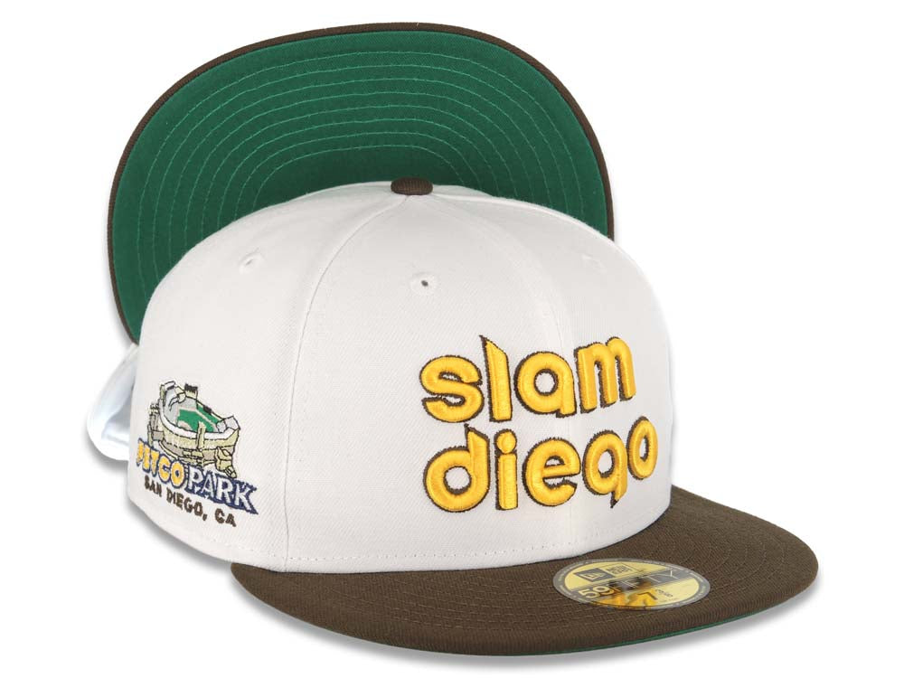 San Diego Padres New Era MLB 59FIFTY 5950 Fitted Cap Hat White Crown Brown Visor Yellow/Brown Slam Diego Script Logo Petco Park Side Patch Green UV