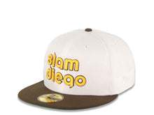 Load image into Gallery viewer, San Diego Padres New Era MLB 59FIFTY 5950 Fitted Cap Hat White Crown Brown Visor Yellow/Brown Slam Diego Script Logo Petco Park Side Patch Green UV
