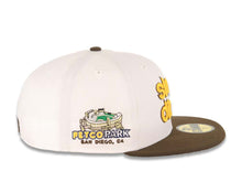 Load image into Gallery viewer, San Diego Padres New Era MLB 59FIFTY 5950 Fitted Cap Hat White Crown Brown Visor Yellow/Brown Slam Diego Script Logo Petco Park Side Patch Green UV
