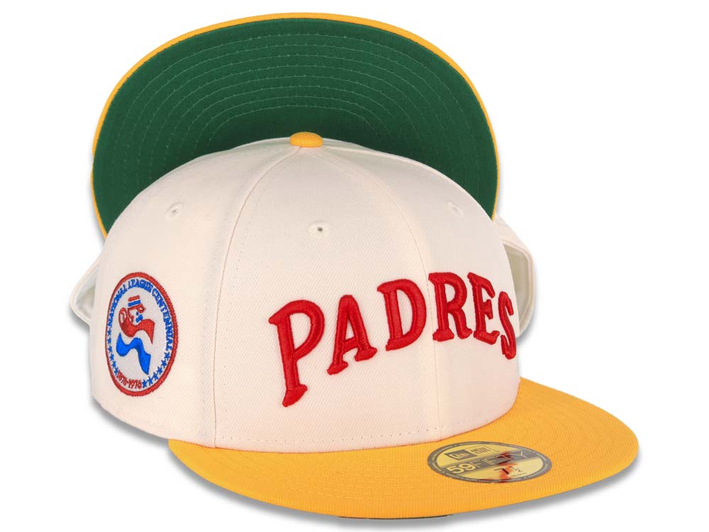San Diego Padres New Era MLB 59FIFTY 5950 Fitted Cap Hat Chrome White Crown Yellow Visor Cooperstown Script Logo Centennial Side Patch Green UV