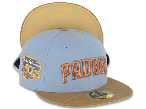 San Diego Padres New Era MLB 59FIFTY 5950 Fitted Cap Hat Sky Blue Crown Khaki Visor Metallic Brown Logo Jackie Robinson 50th Anniversary Side Patch