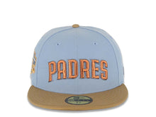 Load image into Gallery viewer, San Diego Padres New Era MLB 59FIFTY 5950 Fitted Cap Hat Sky Blue Crown Khaki Visor Metallic Brown Logo Jackie Robinson 50th Anniversary Side Patch
