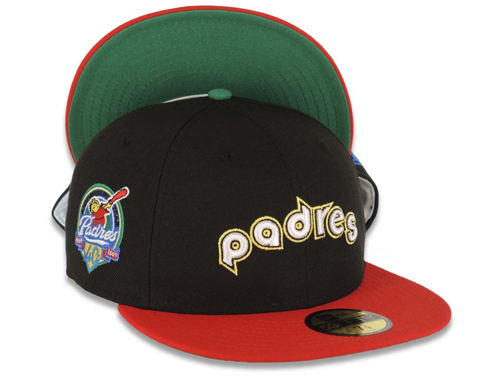 San Diego Padres New Era MLB 59FIFTY 5950 Fitted Cap Hat Black Crown Red Visor White/Yellow Logo 40th Anniversary Side Patch Green UV