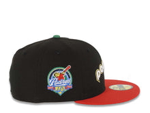 Load image into Gallery viewer, San Diego Padres New Era MLB 59FIFTY 5950 Fitted Cap Hat Black Crown Red Visor White/Yellow Logo 40th Anniversary Side Patch Green UV
