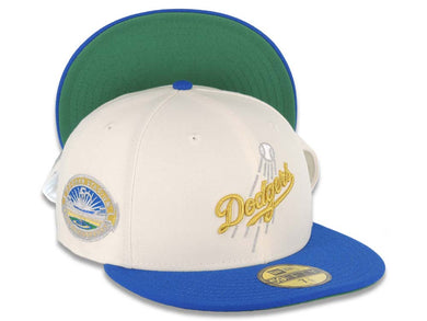 Los Angeles Dodgers New Era MLB 59FIFTY 5950 Fitted Cap Hat Cream Crown Royal Blue Visor Metallic Gold Logo 50th Anniversary Side Patch Green UV