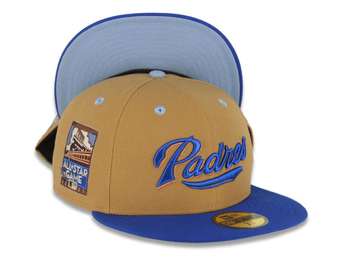 San Diego Padres New Era MLB 59FIFTY 5950 Fitted Cap Hat Tan Crown Royal Blue Visor Padres Script/Text Logo 2007 All-Star Game Side Patch