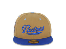 Load image into Gallery viewer, San Diego Padres New Era MLB 59FIFTY 5950 Fitted Cap Hat Tan Crown Royal Blue Visor Padres Script/Text Logo 2007 All-Star Game Side Patch
