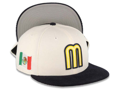 (Corduroy Visor) Mexico New Era WBC World Baseball Classic 59FIFTY 5950 Fitted Cap Hat Cream Crown Navy Visor Yellow/Navy Logo Mexico Flag Side Patch