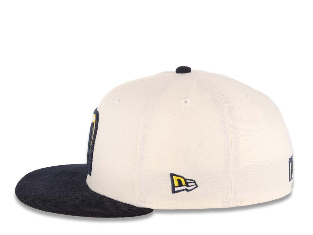 Mexico New Era 59FIFTY 5950 Fitted Cap Hat Cream Crown Navy Blue Visor Yellow/White/Navy Logo Mexico Flag Side Patch Gray UV 7 7/8