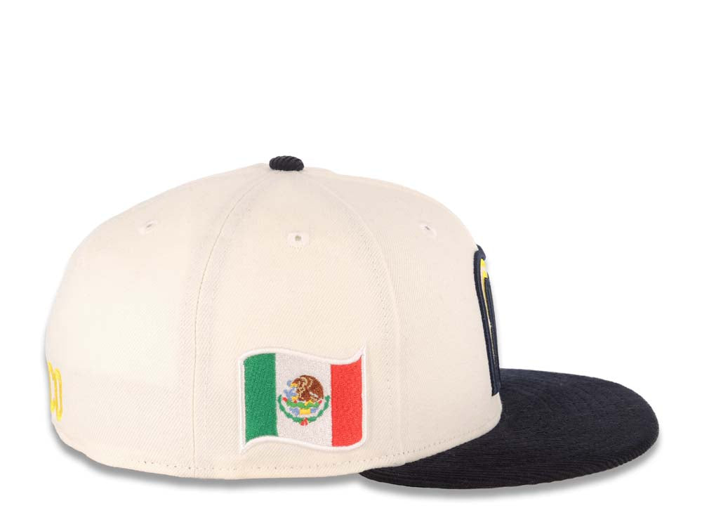 Mexico New Era Wbc World Baseball Classic 59FIFTY 5950 Fitted Cap Hat Khaki Crown Dark Brown Visor White/Brown/Yellow Logo Mexico Flag Side Patch 7 1/