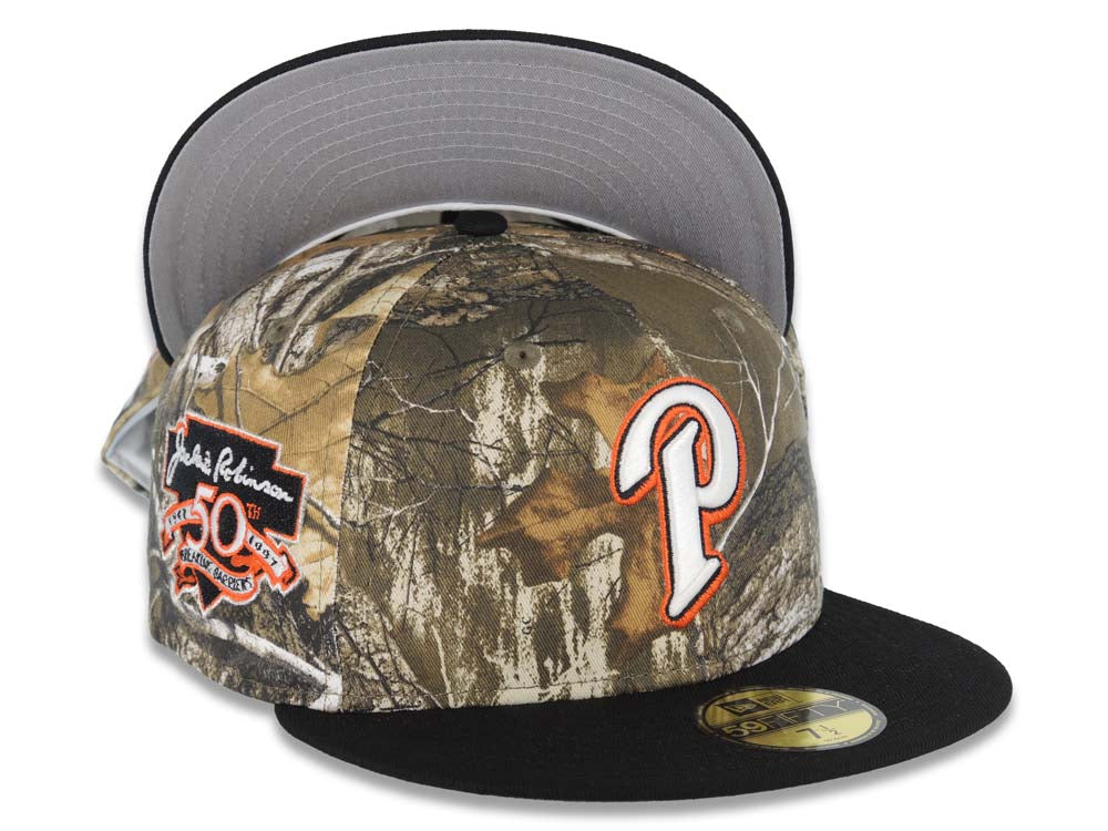 San Diego Padres New Era MLB 59FIFTY 5950 Fitted Cap Hat Real Tree Edge Camo Crown Black Visor White P Logo Jackie Robinson 50th Anniversary SidePatch