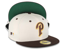 Load image into Gallery viewer, San Diego Padres New Era MLB 59FIFTY 5950 Fitted Cap Hat Cream Crown Brown Visor Brown/Yellow P Logo MLB Batterman Batty Side Patch Green UV
