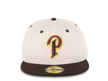 Load image into Gallery viewer, San Diego Padres New Era MLB 59FIFTY 5950 Fitted Cap Hat Cream Crown Brown Visor Brown/Yellow P Logo MLB Batterman Batty Side Patch Green UV
