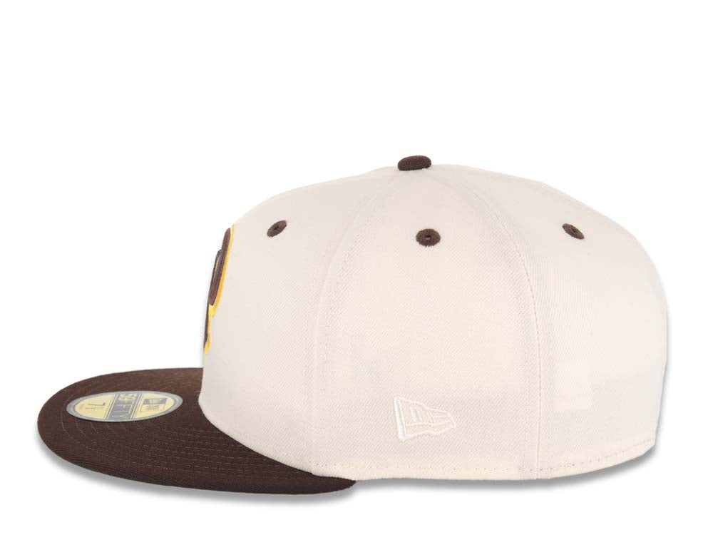 San Diego Padres New Era MLB 59FIFTY 5950 Fitted Cap Hat Cream Crown Light Brown Visor Brown/Pink Catching Friar Logo 40th Anniversary Side Patch 7 7/