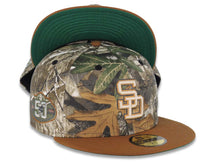 Load image into Gallery viewer, San Diego Padres New Era MLB 59FIFTY 5950 Fitted Cap Hat Real Tree Edge Crown Brown Visor White/Light Khaki Logo 50th Anniversary Side Patch Green UV
