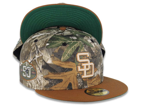 San Diego Padres New Era MLB 59FIFTY 5950 Fitted Cap Hat Real Tree Edge Crown Brown Visor White/Light Khaki Logo 50th Anniversary Side Patch Green UV