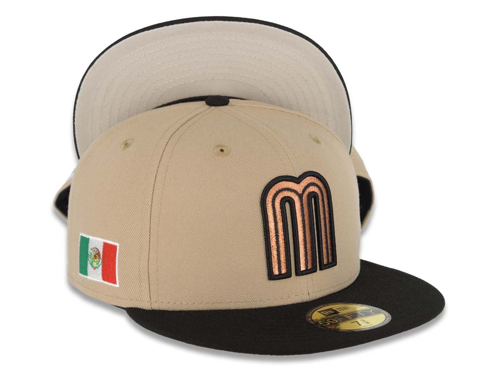 Mexico New Era WBC World Baseball Classic 59FIFTY 5950 Fitted Cap Hat Khaki Crown Black Visor Metallic Brown Logo Mexico Flag Side Patch