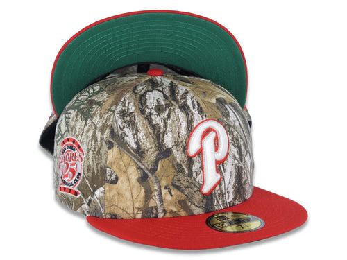 San Diego Padres New Era MLB 59FIFTY 5950 Fitted Cap Hat Real Tree Edge Camo Crown Red Visor White/Red Logo 25th Anniversary Side Patch Green UV