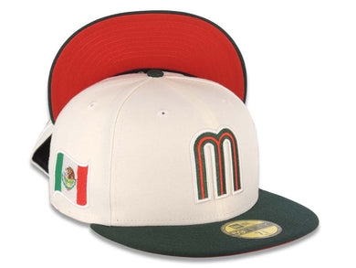 Mexico New Era WBC World Baseball Classic 59FIFTY 5950 Fitted Cap Hat Cream Crown Dark Green Visor Red/Dark Green Logo Mexico Flag Side Patch
