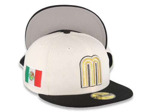 Mexico New Era WBC World Baseball Classic 59FIFTY 5950 Fitted Cap Hat Cream Crown Black Visor White/Metallic Gold/Black Logo Mexico Flag Side Patch