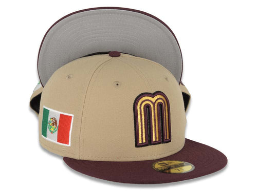 Mexico New Era WBC World Baseball Classic 59FIFTY 5950 Fitted Cap Hat Khaki Crown Maroon Visor Metallic Gold/Maroon Logo Mexico Flag Side Patch Gray UV