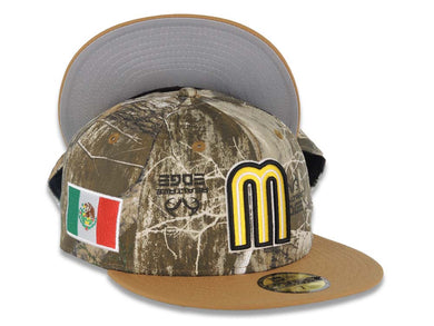 Mexico New Era WBC World Baseball Classic 59FIFTY 5950 Fitted Cap Hat Real-Tree Edge Crown Light Brown Visor Yellow/Black Logo Mexico Flag Side Patch Gray UV