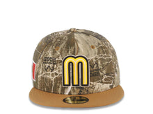 Load image into Gallery viewer, Mexico New Era WBC World Baseball Classic 59FIFTY 5950 Fitted Cap Hat Real-Tree Edge Crown Light Brown Visor Yellow/Black Logo Mexico Flag Side Patch Gray UV
