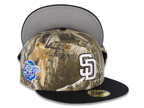 San Diego Padres New Era MLB 59FIFTY 5950 Fitted Cap Hat Real Tree Edge Crown Black Visor White/Black Logo 1998 World Series Side Patch Gray UV