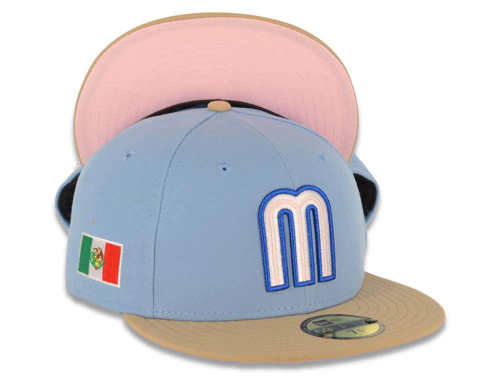 Mexico New Era WBC World Baseball Classic 59FIFTY 5950 Fitted Cap Hat Sky Blue Crown Khaki Visor White/Metallic Blue Logo Mexico Flag Side Patch Pink UV