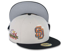 Load image into Gallery viewer, San Diego Padres New Era MLB 59FIFTY 5950 Fitted Cap Hat Stone Crown Black Visor Metallic Black/Gold Staggered Logo Petco Park Side Patch Gray UV
