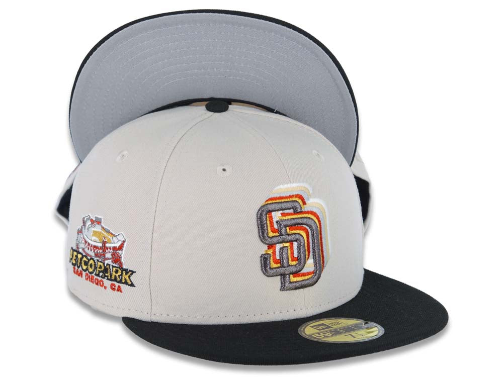 San Diego Padres New Era MLB 59FIFTY 5950 Fitted Cap Hat Stone Crown Black Visor Metallic Black/Gold Staggered Logo Petco Park Side Patch Gray UV