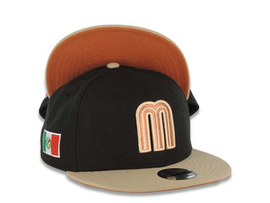 (Youth) Mexico New Era WBC World Baseball Classic 9FIFTY 950 Kid Snapback Cap Hat Black Crown Khaki Visor Metallic Brown Logo Mexico Flag Side Patch