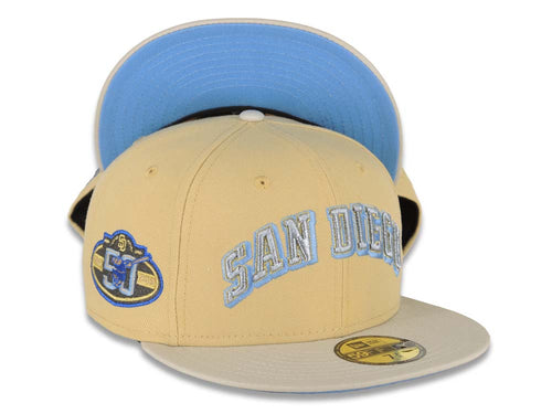 San Diego Padres New Era MLB 59FIFTY 5950 Fitted Cap Hat Vegas Gold Crown Stone Visor Metallic Blue/Gold Script Logo 50th Anniversary Side Patch
