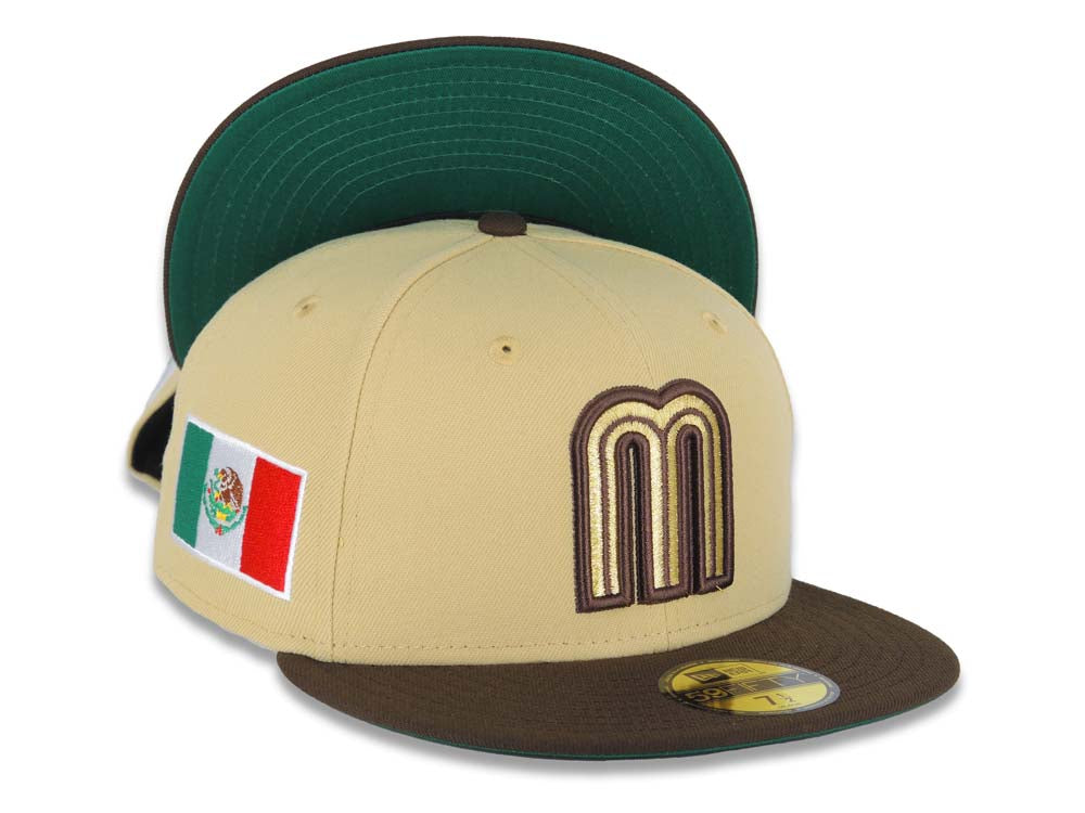 Mexico New Era WBC World Baseball Classic 59FIFTY 5950 Fitted Cap Hat Vegas Gold Crown Brown Visor Metallic Gold/Brown Logo Mexico Flag Side Patch