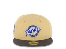 Load image into Gallery viewer, San Diego Padres New Era MLB 59FIFTY 5950 Fitted Cap Hat Vegas Gold Crown Gray Visor Metallic Blue/Gold Baseball Club Logo Elsinore Storm SidePatch
