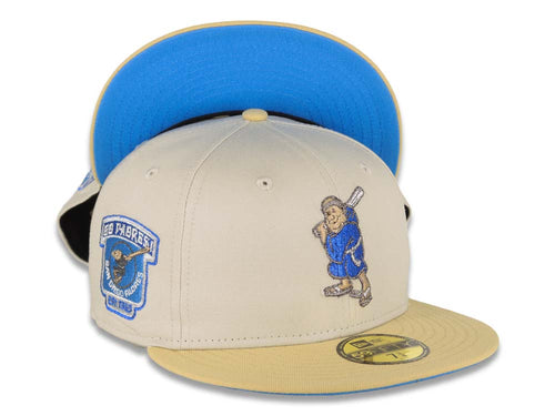 San Diego Padres New Era MLB 59FIFTY 5950 Fitted Cap Hat Stone Crown Vegas Gold Visor Metallic Blue/Aluminum Batting Friar Logo Go Padres Side Patch