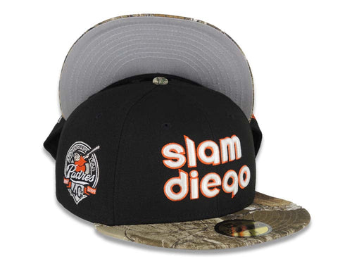 San Diego Padres New Era MLB 59FIFTY 5950 Fitted Cap Hat Black Crown Real Tree Edge Camo Visor Glow White/Orange Slam Logo 40th Anniversary Side Patch