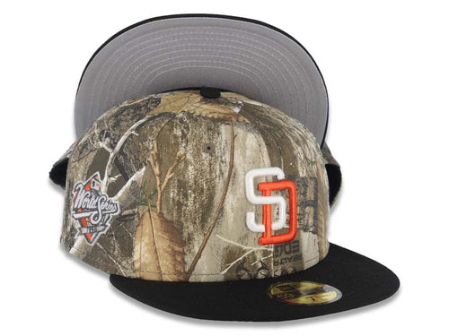 San Diego Padres New Era MLB 59FIFTY 5950 Fitted Cap Hat Real Tree Edge Camo Crown Black Visor White/Orange Logo 1998 World Series Side Patch Gray