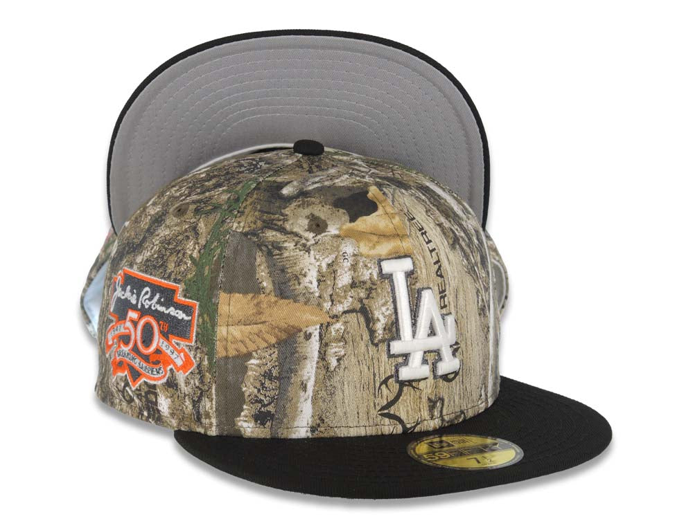 Los Angeles Dodgers New Era MLB 59FIFTY 5950 Fitted Cap Hat Real Tree Edge Crown Black Visor White Logo Jackie Robinson 50th Anniversary Side Patch