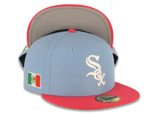 Load image into Gallery viewer, Chicago White Sox New Era MLB 59FIFTY 5950 Fitted Cap Hat Sky Blue Crown Pink Visor White Logo Mexico Flag Side Patch Gray UV
